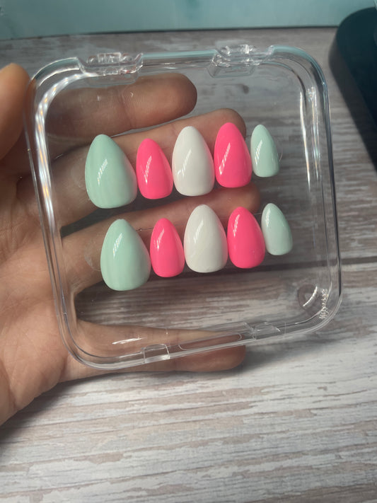 Teal white pink press on nails glue included